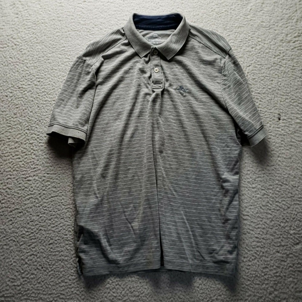 Tommy Bahama Polo Shirt Mens M Gray Stripe Short Sleeve Knit Marlin Logo Top